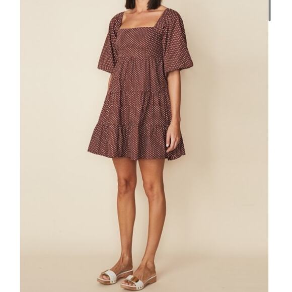 Faithfull the Brand Eryn Mini Dress Brown & White Polka Dot Puff Sleeve Sz 4 - Picture 1 of 12